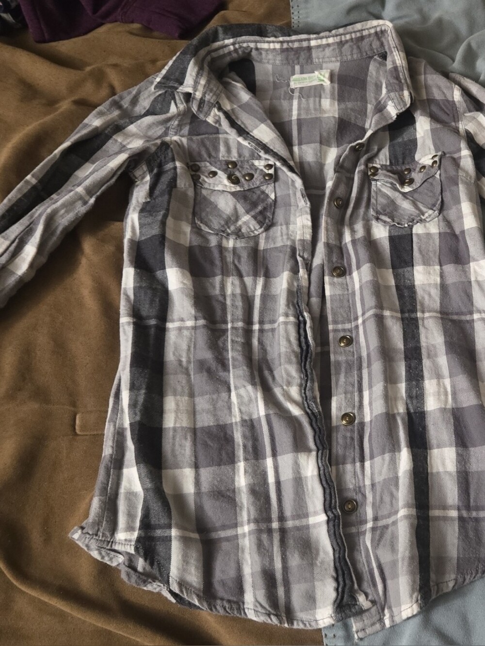 Selena Gomez Gray & White Plaid Button-Down Shirt